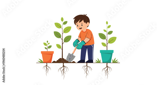 Young boy in orange shirt and gloves uses shovel to plant young green trees in soil next to potted plants.