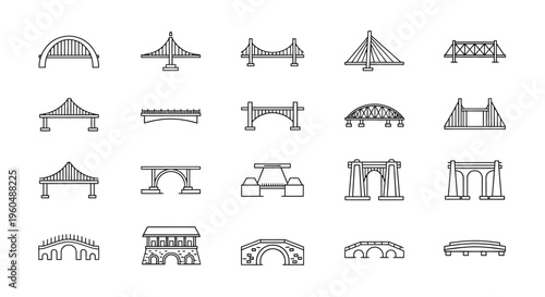 Various bridge designs illustrated in a simple linear style
