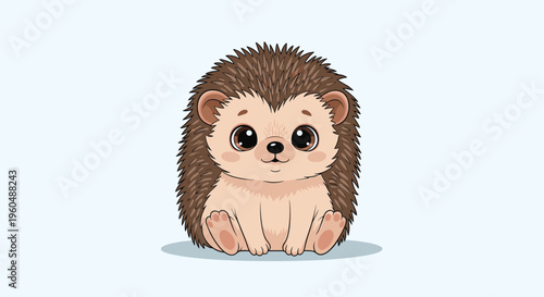 Adorable little hedgehog with big brown eyes and soft spines sits looking forward on light blue background with a curious expression.
