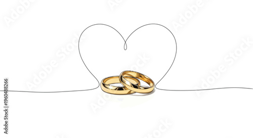 Golden Wedding Rings Inside Heart Outline on White Background