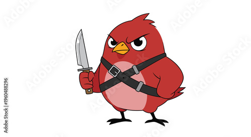 Angry red bird character with fierce expression wears harness and holds sharp knife in its wing on white background.