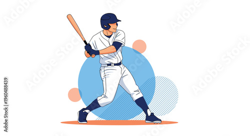 Baseball player in white and blue uniform swings wooden bat with power and focus during game against abstract background.