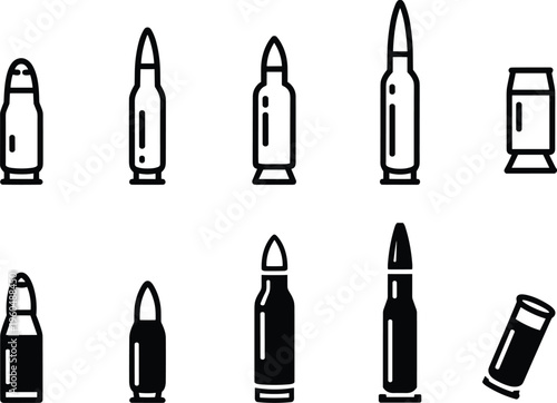 Vector collection of ammunition cartridge icons showing different bullet calibers, firearm rounds, military weapons, hunting, shooting, ballistic design illustration