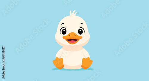 Adorable baby duckling with white feathers and orange beak sits and smiles on soft blue background.