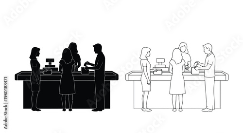 Black and white outline depicting people interacting at checkout counters