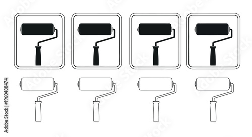 Black and white illustrations of paint rollers in varying orientations