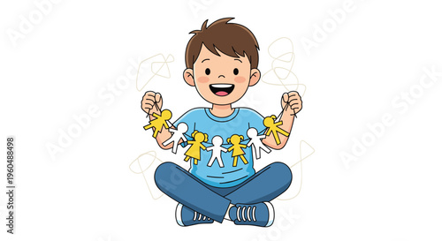 Happy boy sits cross-legged and proudly holds a string of colorful paper dolls he made on white background.