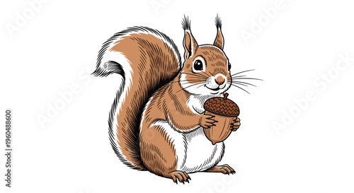 Detailed illustration of a brown squirrel sitting and holding a large acorn with its paws on white background.