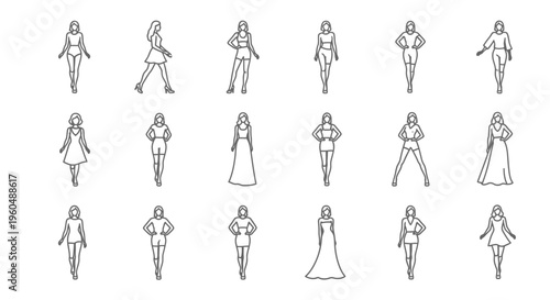 Line art illustration of diverse women in various dresses and poses