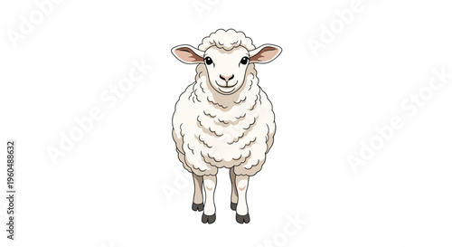 Beautiful fluffy white sheep stands and looks forward with a calm and peaceful expression on white background.