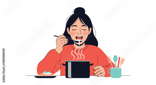 Young woman with dark hair closed eyes enjoys eating hot steaming soup from a bowl with a spoon at a blue table.