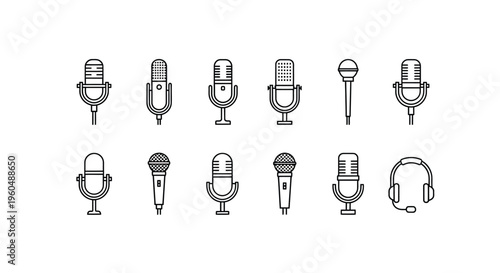 Collection of vintage and modern microphone line icons on a white background