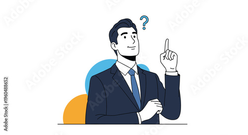 Professional businessman in dark blue suit looks up and points finger with a question mark suggesting a new idea.