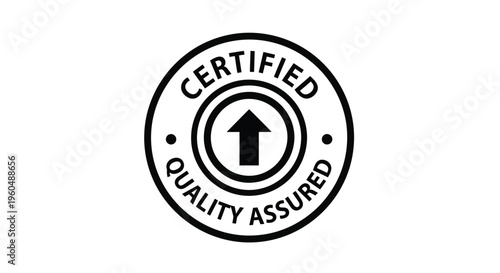 A circular black and white certified quality assured seal with an upward arrow