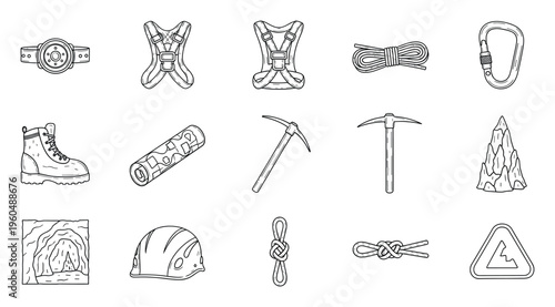 Collection of essential equipment for rock climbing and caving adventures featuring boots, harnesses, ropes, helmets, and tools, perfect for outdoor sports and exploration themed projects.