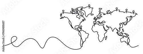 Global travel network abstract continuous line world map with location markers perfect for international business, journey planning, or global connection concepts