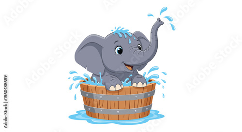 Happy baby elephant sits in a wooden tub filled with water and splashes with its trunk joyfully.