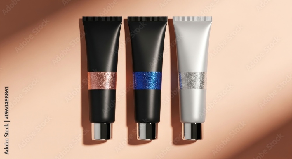 Obraz premium Three cosmetic tubes with metallic accents, casting shadows on a peach background