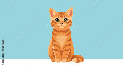 Cute orange tabby kitten with big bright eyes sitting calmly on a white surface against a soft light blue background in a pet illustration.
