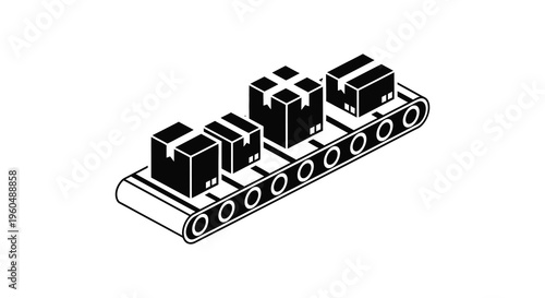 A minimalist depiction of cardboard boxes moving along a conveyor belt in a stark black silhouette high quality