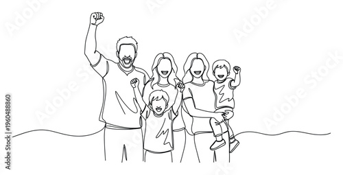 Continuous line drawing of a happy multigenerational family raising their fists in unity and celebration, perfect for conveying triumph, success, or community spirit in marketing materials