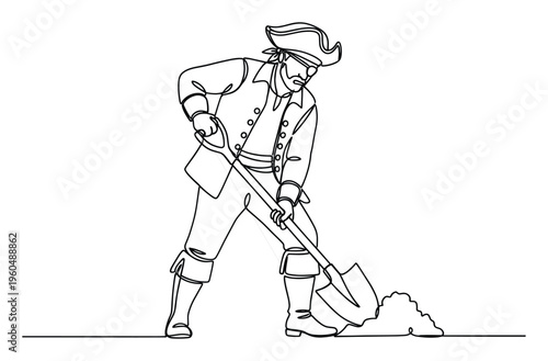 A pirate character in a classic hat and eyepatch actively digs with a shovel, ideal for adventure stories, historical themes, and captivating content about treasure hunting and discovery.