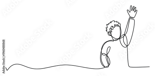Continuous single line drawing of a person raising an arm in a gesture of greeting or asking a question, perfect for educational materials or communication applications.