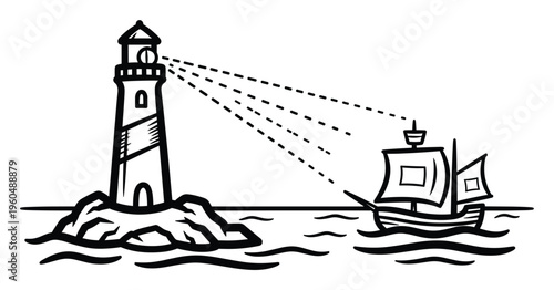 Coastal lighthouse standing firmly on rocky ground projecting guiding beams of light across the ocean towards a sailing ship for maritime safety and navigational assistance