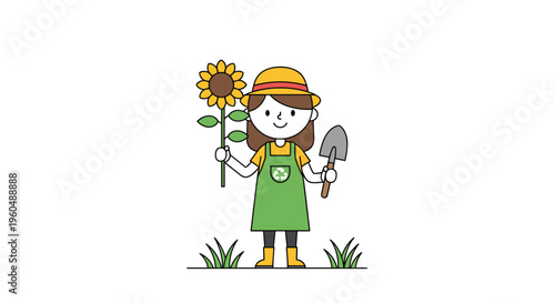 Young girl gardener wearing a green apron and hat holds a sunflower and a garden trowel while standing in the grass on a white background.