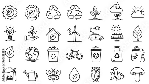 Collection of Black Outline Vector Icons Representing Ecology Nature Conservation Sustainable Environment Energy Resources Recycling and Eco Friendly Concepts for Web Design