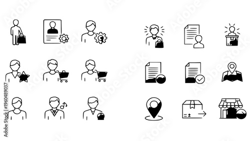Set of essential black outline vector icons illustrating various stages of customer interaction, online ordering, pickup, delivery, and user profile management for retail service interfaces.