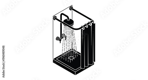An isometric illustration depicts a shower stall with a showerhead and curtains presented as a silhouette high quality