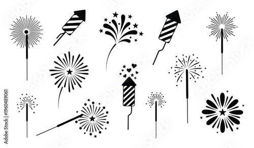 Collection of festive black and white fireworks and sparkler icons perfect for holiday celebrations New Year parties events and other joyful graphic design projects