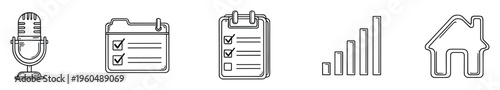 Collection of hand drawn line icons featuring a vintage microphone, a marked calendar, a detailed checklist on a clipboard, a rising bar graph, and a simple house outline, perfect for