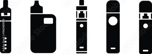 Vector collection of vaping device icons showing different e‑cigarette designs, vape pens, box mods, cylindrical styles, electronic smoking illustration