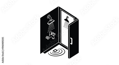 An isometric depiction of a shower stall with an open door and water droplets a striking silhouette