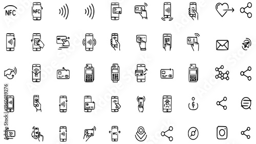 Hand-drawn vector illustration set depicting various financial transactions, contactless technology, and digital sharing functionalities for modern web and app design interface projects.