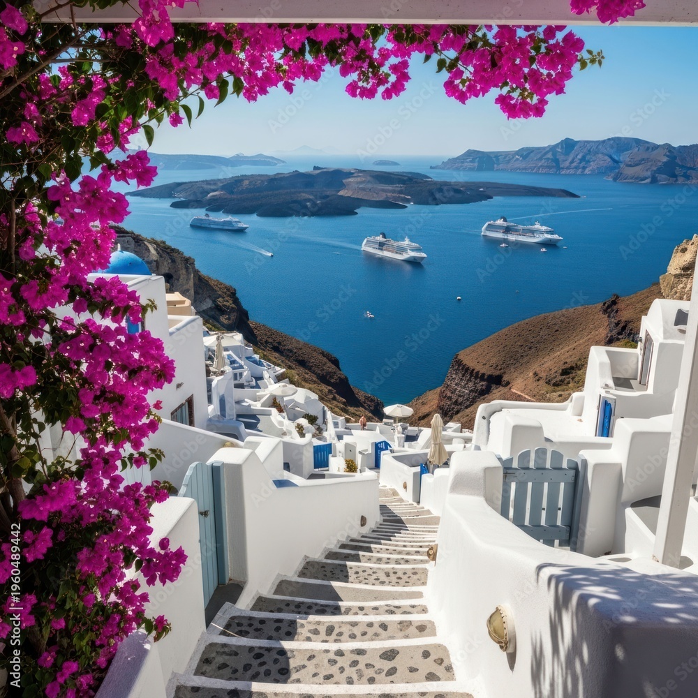 Fototapeta premium Whitewashed village cascades down to blue sea with cruise ships