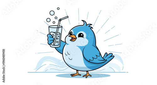 Cute little blue bird holding a glass of bubbly water with a straw against a bright background with light rays in a refreshing illustration.