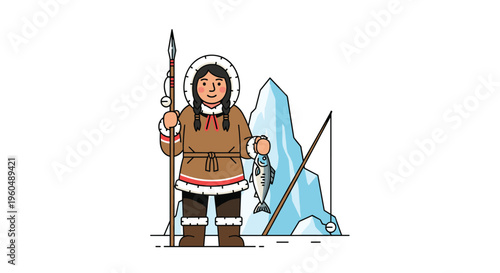 Inuit hunter standing in the snow holding a traditional spear and a fresh fish in front of a blue iceberg on a white background scene.
