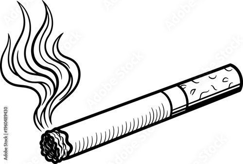 A black and white drawing of a lit cigarette with smoke