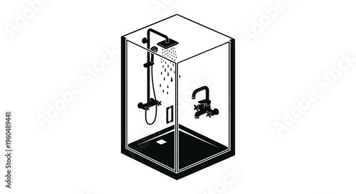 A minimalist isometric illustration of a modern shower enclosure with fixtures rendered as a silhouette high quality professional