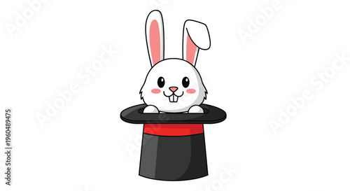 Cute white rabbit with pink ears pops out of a black magician top hat with a red ribbon in a charming cartoon illustration.
