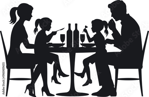 Happy family dining together at table silhouette, parents and children sharing meal, bonding moment, home dinner scene, togetherness concept