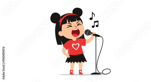 Little girl with black hair and a red shirt sings passionately into a microphone with musical notes floating around her.