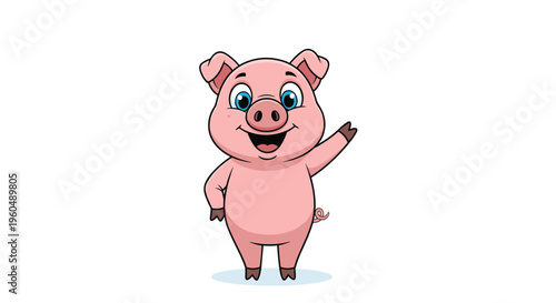 Happy pink pig character with blue eyes waves a friendly greeting with its hoof in a charming and simple cartoon style.