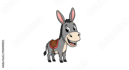 Friendly grey donkey with a brown leather saddle stands patiently and smiles in a delightful farm animal illustration.
