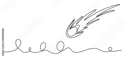 Abstract single continuous line drawing showing a falling meteor approaching a winding path with multiple loops, ideal for representing challenges, movement, or life events in visual