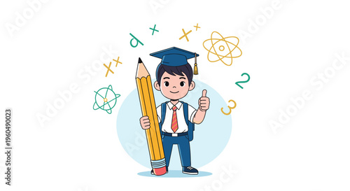 Little boy in a graduation cap and school uniform holds a giant pencil and gives a thumbs up surrounded by math symbols.