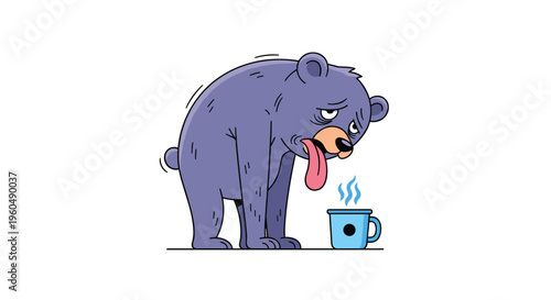 Exhausted purple bear with a long tongue and dark circles under its eyes looks longingly at a steaming cup of coffee.